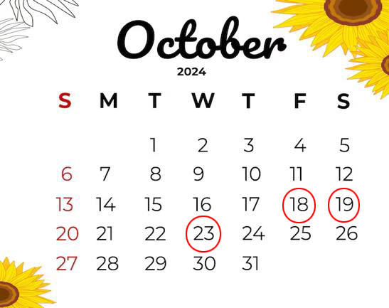 October calendar with the 18th and 19th and 23red circled in a red.