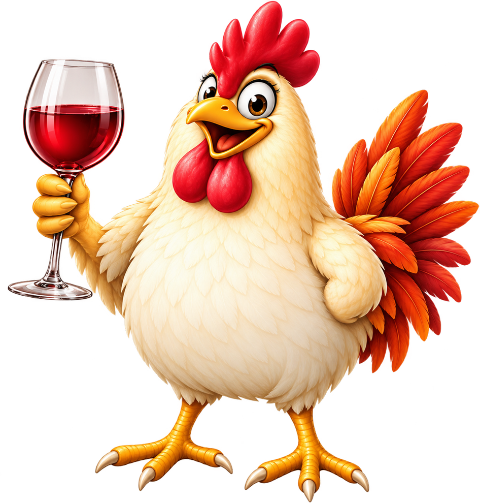 Funny cartoon chicken holding a glass of wine.